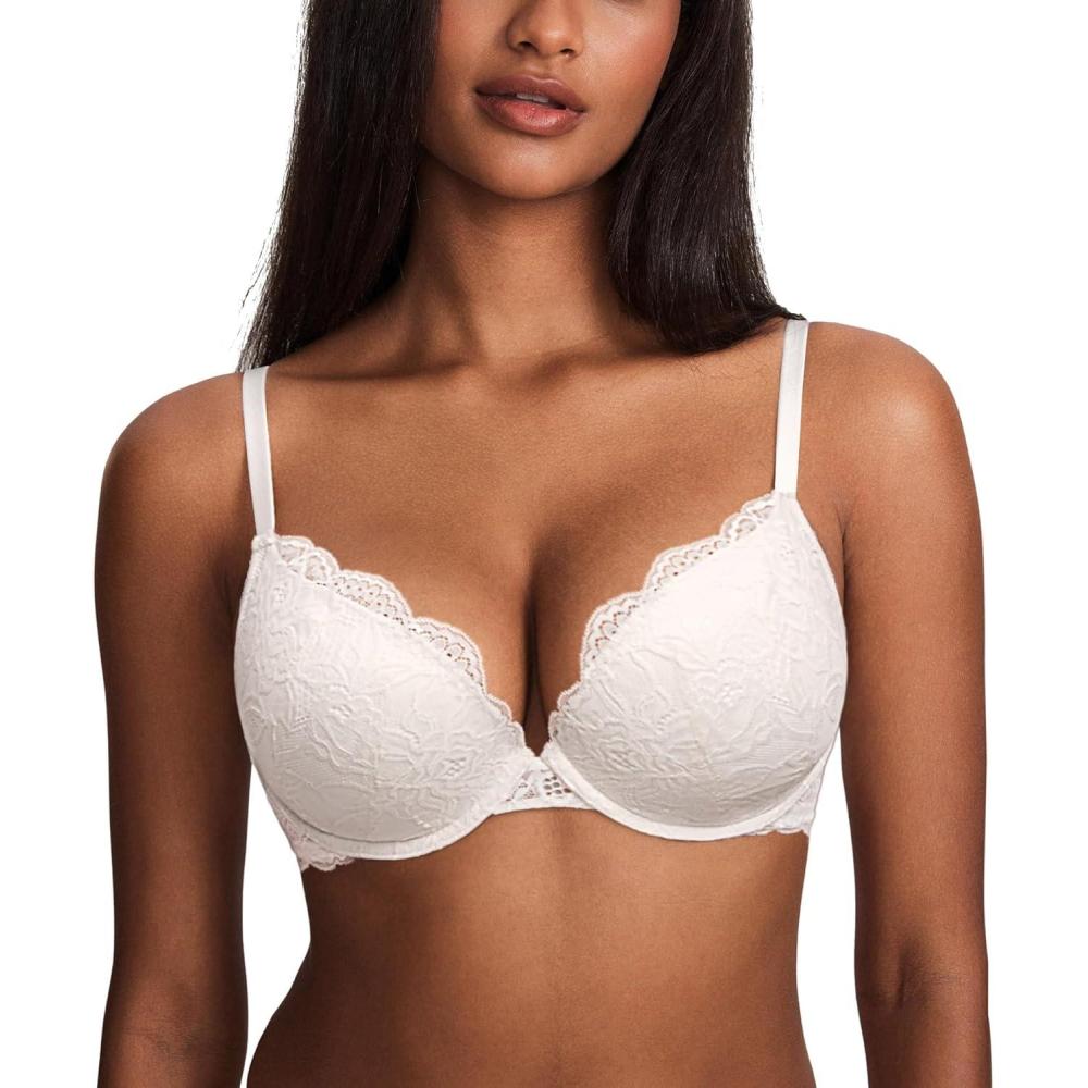 imageDOBREVA Womens Push Up Lace Bra Underwire Plunge Full Coverage Bras Sexy Plus Size SupportCoconut White