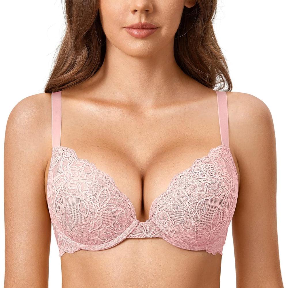 imageDOBREVA Womens Push Up Lace Bra Underwire Plunge Full Coverage Bras Sexy Plus Size SupportGentle Rose