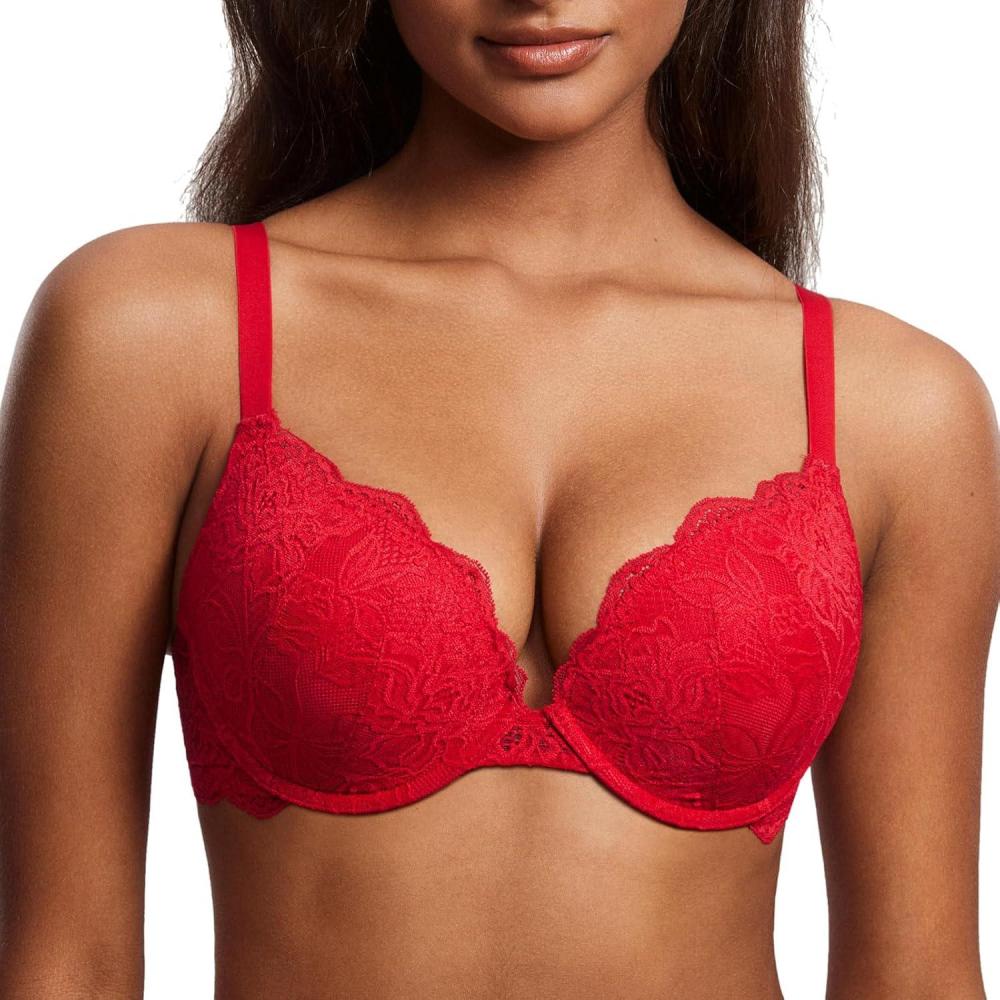 imageDOBREVA Womens Push Up Lace Bra Underwire Plunge Full Coverage Bras Sexy Plus Size SupportLipstick Red