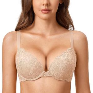 DOBREVA Women’s Push Up Lace Bra Underwire Plunge Full Coverage Bras Sexy Plus Size Support(Beige)