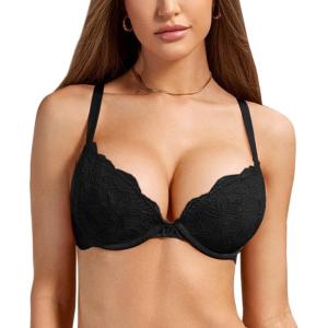 DOBREVA Women’s Push Up Lace Bra Underwire Plunge Full Coverage Bras Sexy Plus Size Support(Black)