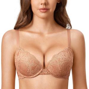DOBREVA Women’s Push Up Lace Bra Underwire Plunge Full Coverage Bras Sexy Plus Size Support(Cream Coffee)