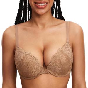 DOBREVA Women’s Push Up Lace Bra Underwire Plunge Full Coverage Bras Sexy Plus Size Support(Gravel Beige)