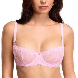 DOBREVA Women’s Sexy Lace Bra Underwire Balconette Unlined Demi Sheer Plus Size(Sweet Pink)