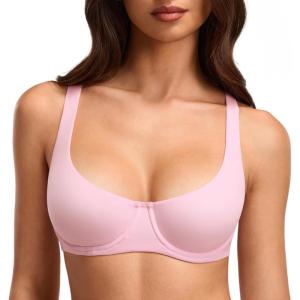 DOBREVA Women’s Unlined Balconette Bra Underwire Supportive Plus Size Smooth Scoop Neck(Sweet Pink – Unlined)