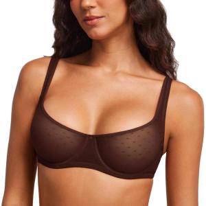 DOBREVA Women’s Unlined Balconette Mesh Bra Square Neck Sheer See Through Underwire Bras Plus Size(Hazelnut)