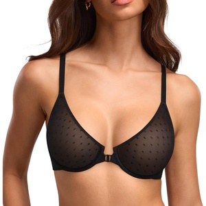 DOBREVA Front Closure Bras for Women Plunge Unlined Sheer Mesh Underwire Comfort Seamless Bra Plus Size(Black)