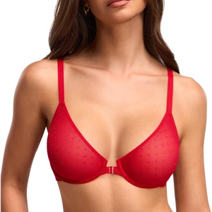 DOBREVA Front Closure Bras for Women Plunge Unlined Sheer Mesh Underwire Comfort Seamless Bra Plus Size(Lipstick Red)