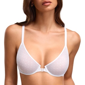 DOBREVA Front Closure Bras for Women Plunge Unlined Sheer Mesh Underwire Comfort Seamless Bra Plus Size(White)