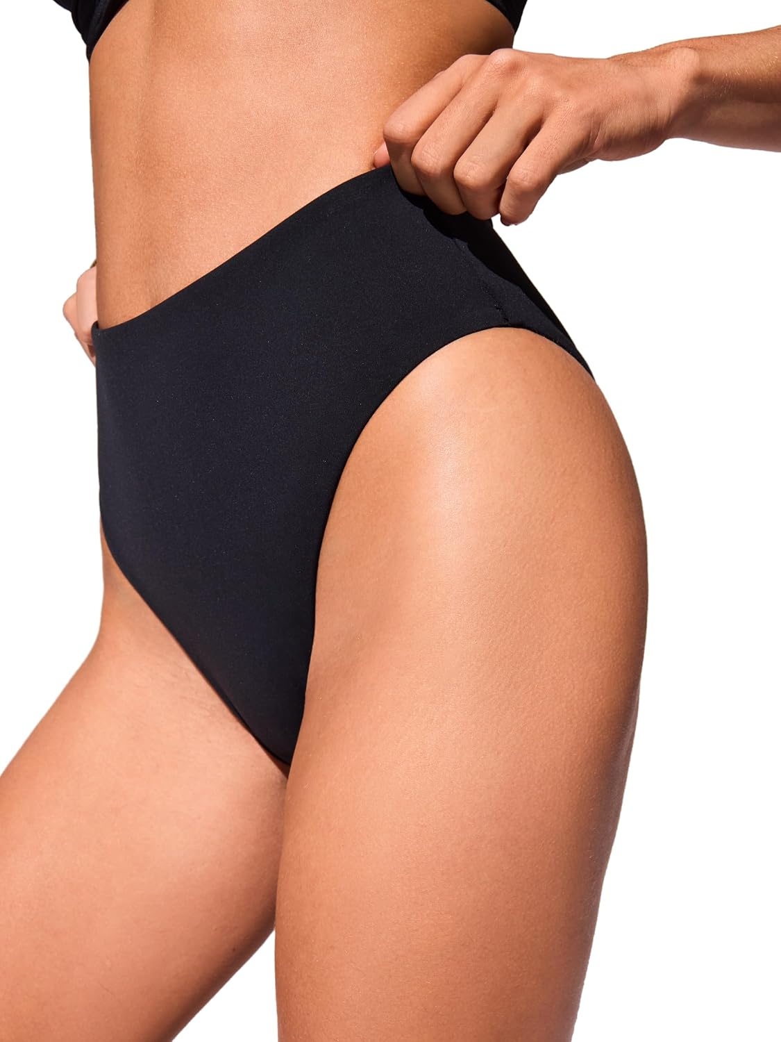 image:imageDOBREVA Womens High Waisted Bikini Bottoms Soft Gentle Compressive Fabric Full Lining High Cut Cheeky Bathing Suit Bottom Swim Briefs For beach pool vacationBlack